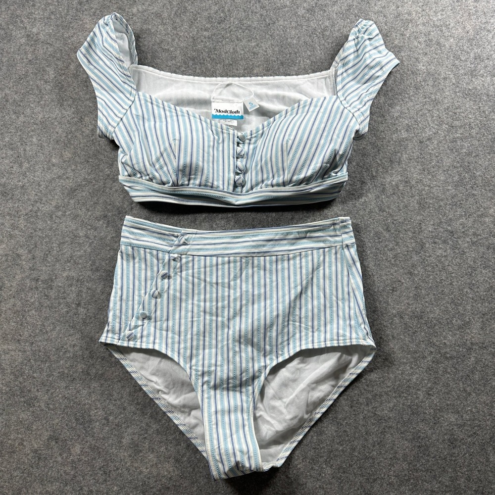 ModCloth Bikini Swimsuit Womens Small Blue White Striped High Waist Retro Set